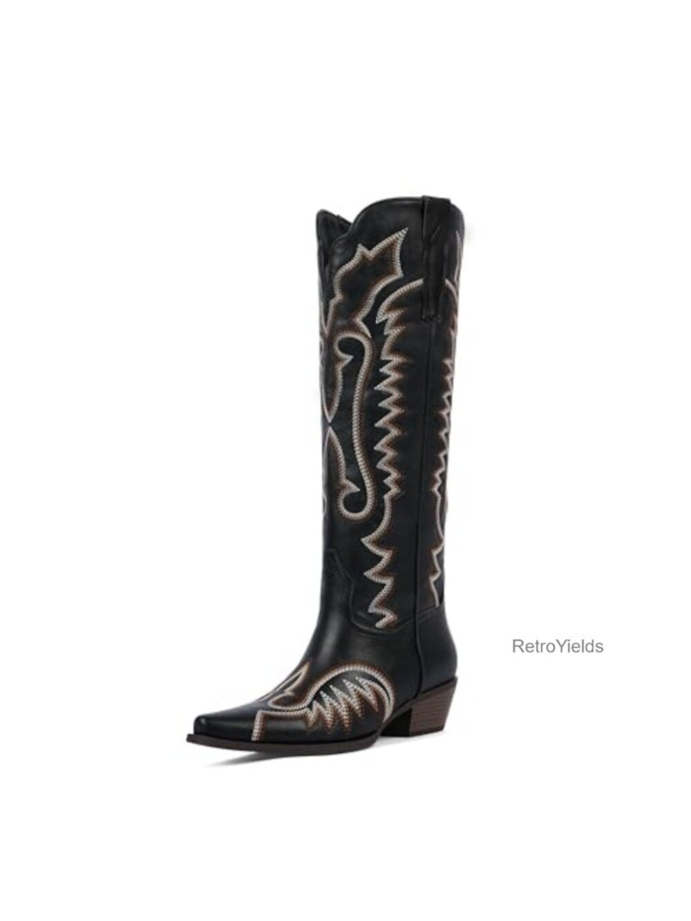 Faux Leather Knee High Western Cowboy Boots Chunky Heel Embroidery
